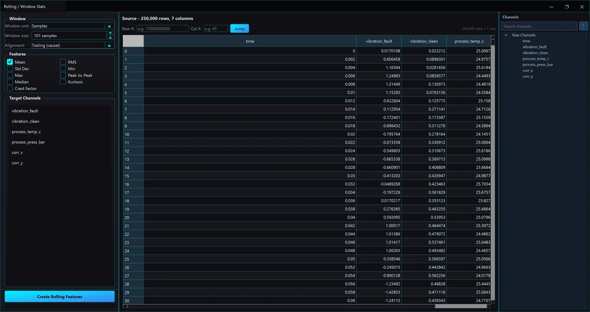 MachinePulseAI masaüstü uygulamasında Kayan / Pencere İstatistikleri penceresi